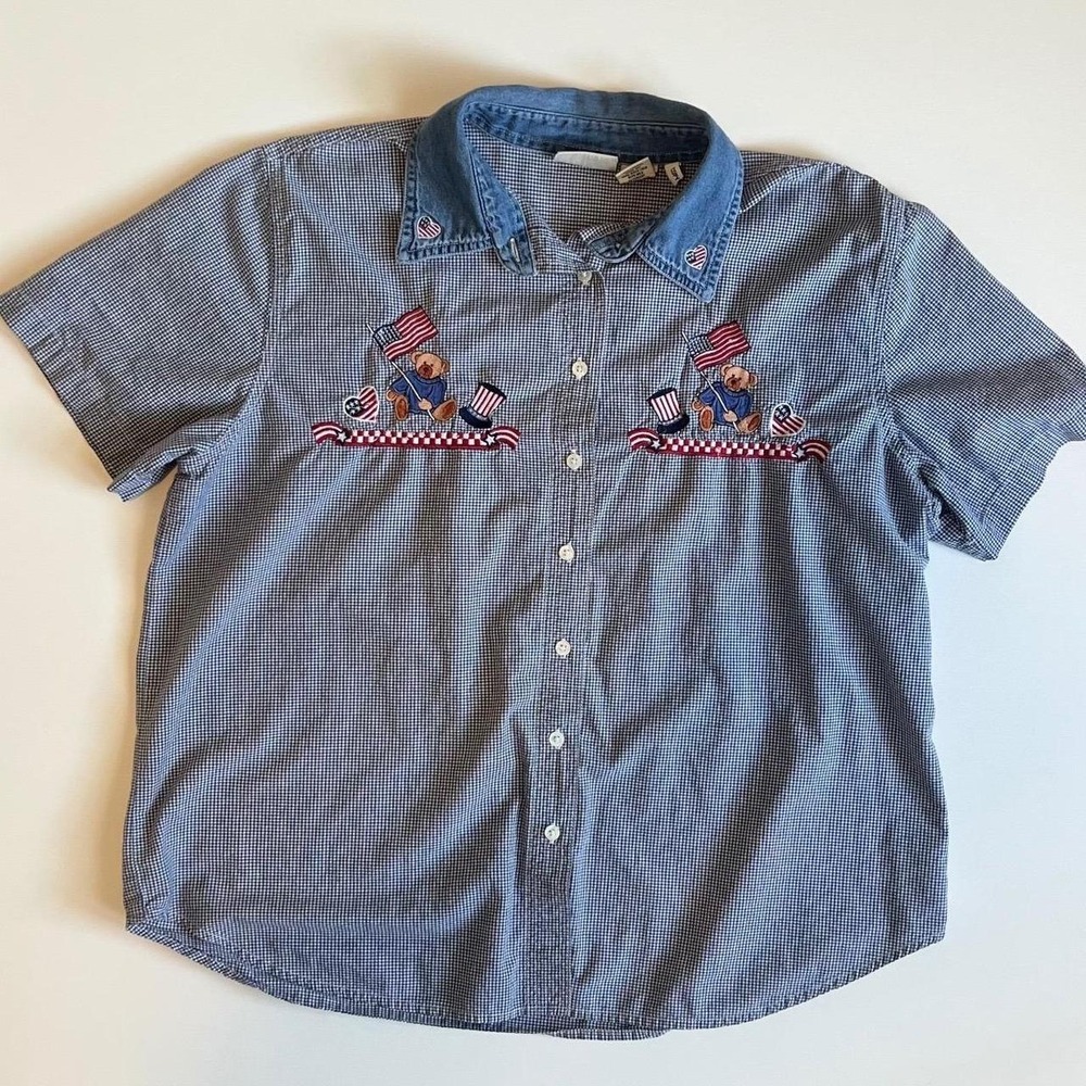 Quizz Woman Vintage Gingham Teddy Bear American Flag Shirt Denim Collar 18/20